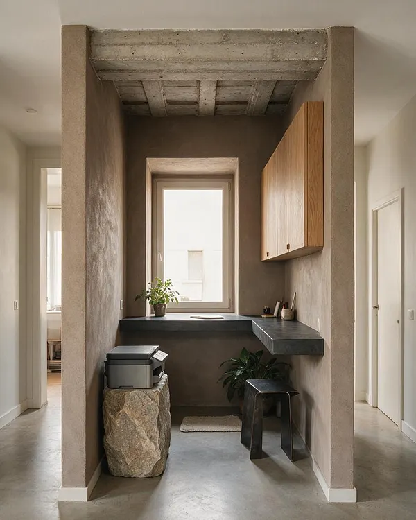 A narrow home office nook framed by raw concrete-like walls and an exposed concrete ceiling beam. The space includes a dark floating desk beneath a window, light wood wall cabinets, a rough stone pedestal, a small metal stool, and a neutral minimalist palette.