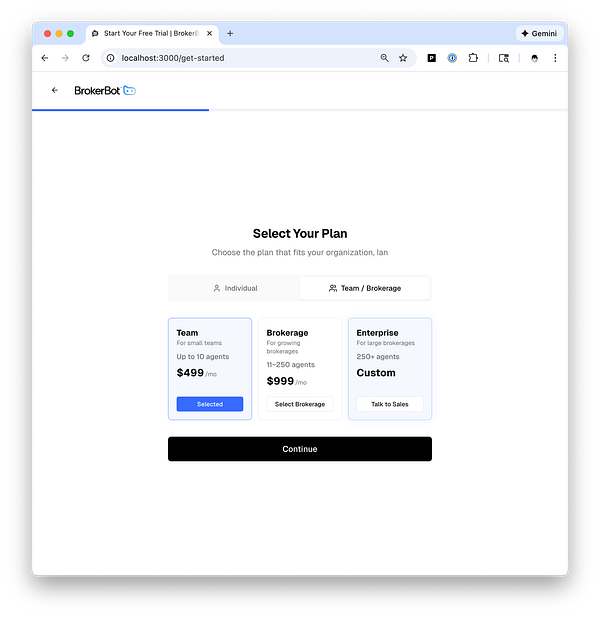 Mobile app screen showing a new billing and onboarding flow with payment and subscription details.