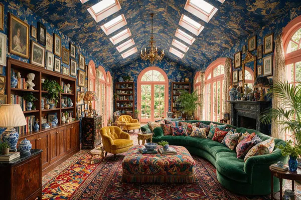 A dramatic sunroom filled with natural light from skylights and tall arched windows, featuring a deep green curved sofa, mustard velvet chairs, layered patterned rugs, and a matching upholstered ottoman. The blue floral ceiling, gold chandelier, gallery wall of framed art, dark wood cabinetry, and black fireplace create a richly layered maximalist interior.
