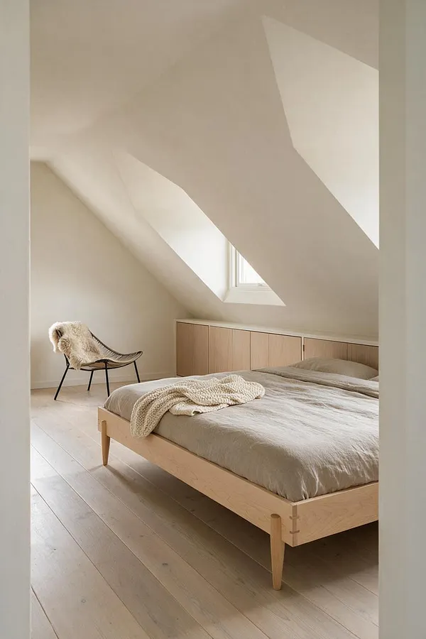 A serene Scandinavian guest bedroom with sloped white ceilings, a simple light wood bed, neutral bedding, and pale wood flooring. A woven lounge chair with a fur throw sits beside built-in wood storage under a small window.