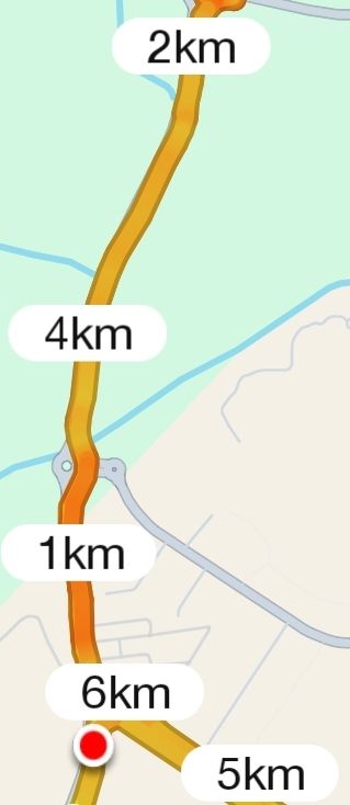 A map displaying a running route with distance markers for a 6km run.