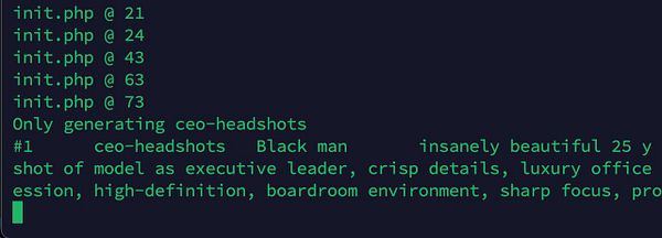 The image displays a terminal interface showing code and a task related to generating CEO headshots.