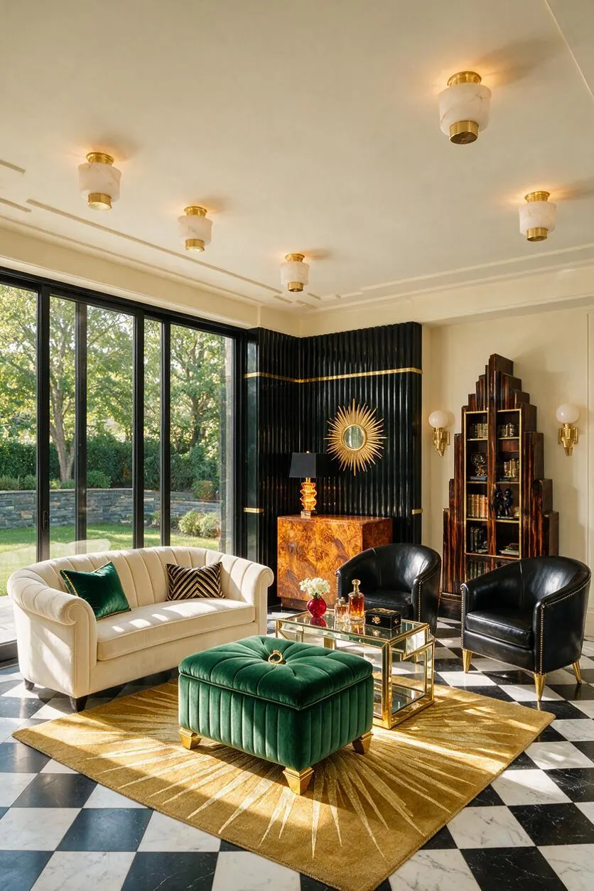 A luxurious Art Deco-inspired sitting area with a black-and-white checkered floor, cream ceiling, and large floor-to-ceiling windows overlooking a green backyard. The room features a curved cream sofa, two black leather club chairs, a green tufted ottoman, gold-accented tables and decor, and dramatic black ribbed wall panels with a sunburst mirror and amber-toned cabinet.