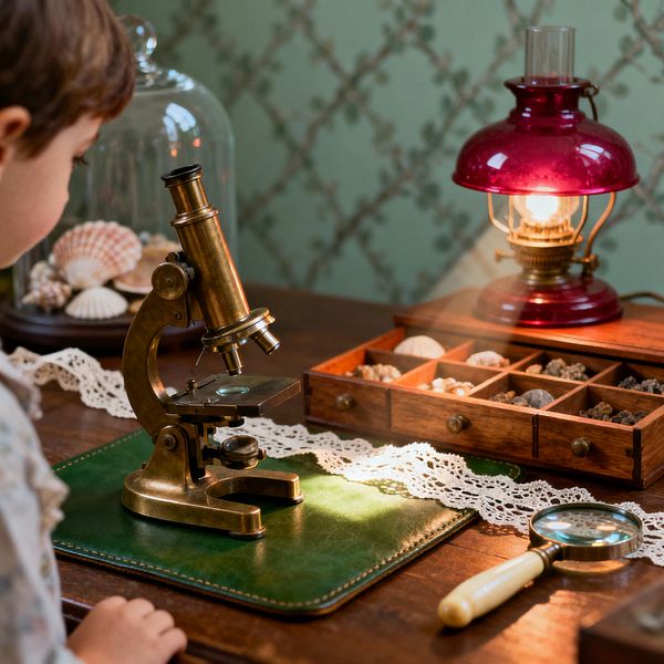 A child stands at a dark wood desk styled as a Victorian study, featuring a polished brass microscope on a green leather blotter, a cotton lace runner, and a ruby-red oil lamp casting warm light. Nearby are a wooden specimen drawer filled with stones, a magnifying glass, and a glass cloche with seashells, set against sage trellis wallpaper.