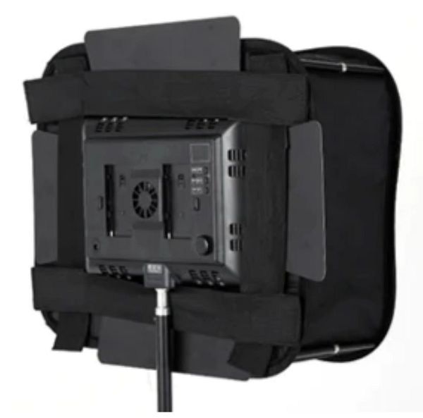 The image features a black softbox designed for LED lighting equipment.