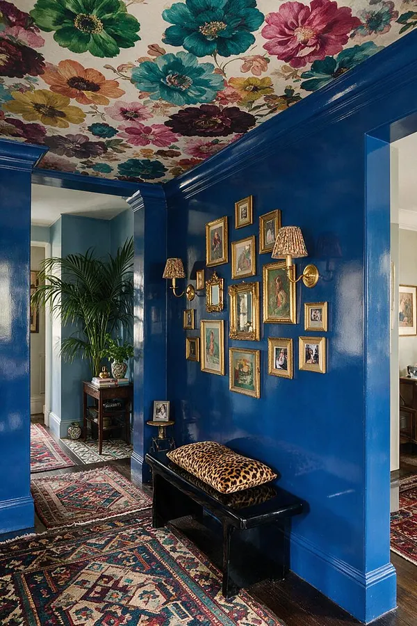 A vivid hallway with glossy cobalt-blue walls, a ceiling covered in oversized multicolored floral wallpaper, and layered patterned rugs. A gallery of small gold-framed artworks hangs beside brass wall sconces, while a black bench with a leopard-print cushion adds a glamorous, maximalist touch.