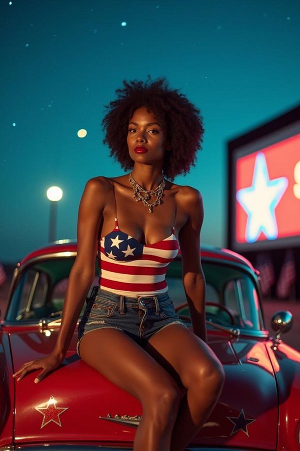 A model poses on a vintage red car, wearing a patriotic outfit against a vibrant evening backdrop.