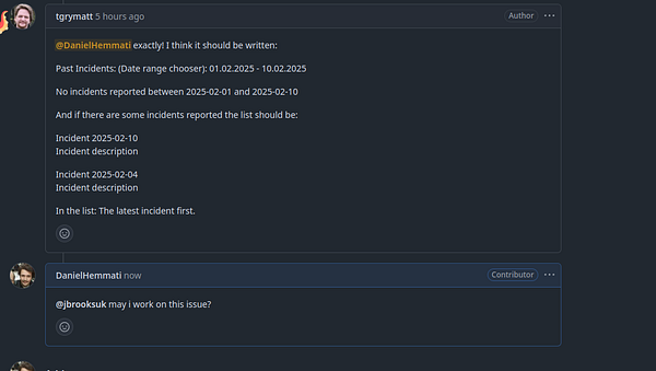A conversation in a messaging interface discussing incident reporting and a request to work on an issue.