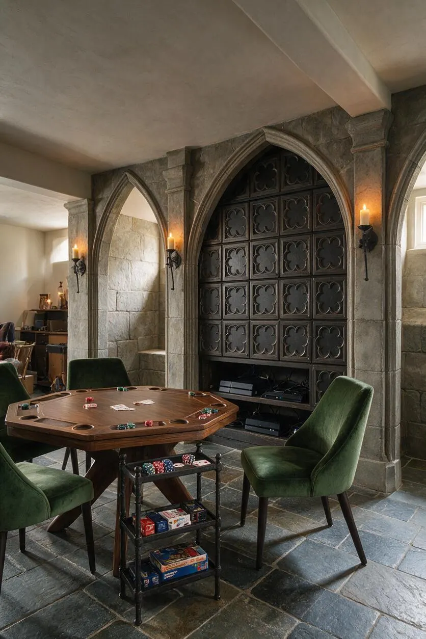 A Gothic-style game room featuring a wooden poker table with green velvet chairs, set against a wall of pointed stone arches and a large dark carved panel. The room has slate flooring, candle-style wall sconces, and a dramatic, castle-like atmosphere.