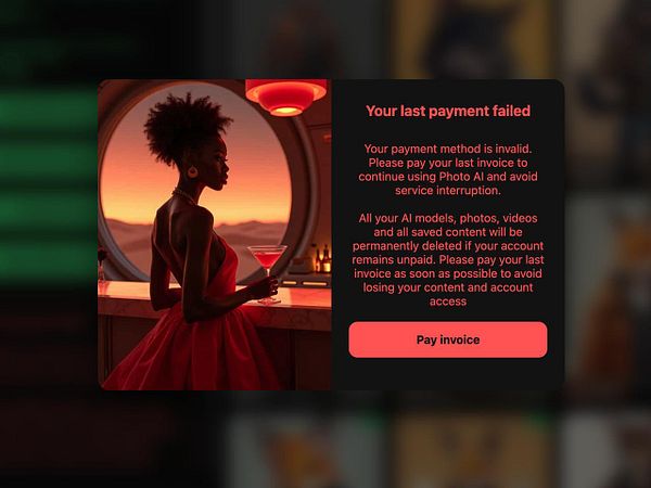 A woman in a red dress stands by a bar, holding a cocktail, while a payment failure alert is displayed.