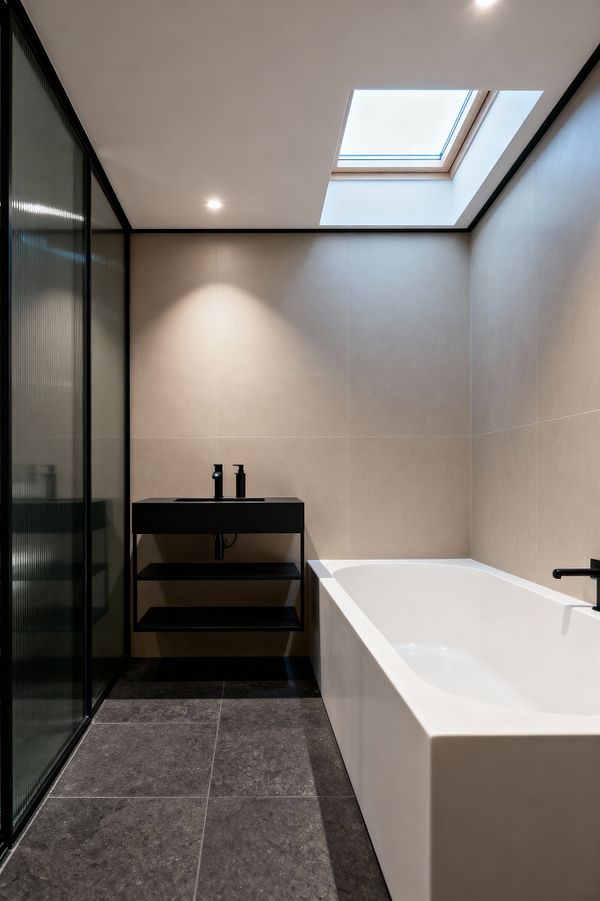 A minimalist bathroom with beige tiled walls and a charcoal stone-look floor features a rectangular white built-in bathtub on the right with a matte black wall-mounted faucet. On the left, a slim black metal vanity with an integrated sink and two open shelves sits beside a reeded glass shower partition framed in black. A ceiling skylight and recessed downlights provide soft, even illumination, emphasizing the clean lines and uncluttered surfaces.
