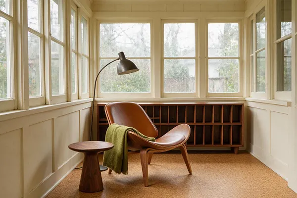 A bright enclosed front porch with cream-painted paneled walls and many windows. The space features a brown leather lounge chair with a green throw, a walnut side table, a curved floor lamp, and a low wood cubby cabinet against the back wall.