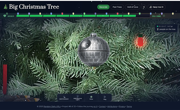 A digital Christmas tree adorned with a unique ornament resembling the Death Star from Star Wars.