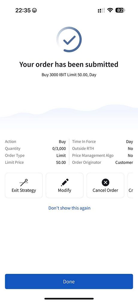 A mobile trading app interface displaying a submitted order for purchasing cryptocurrency.