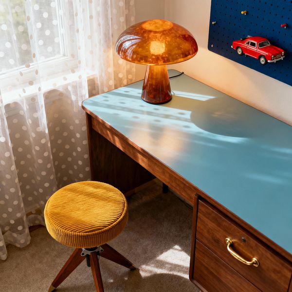 A close-up of a child’s study nook features a walnut mid-century desk with a pale blue laminate top and brass pulls beside a window dressed in sheer white polka-dot curtains. An amber mushroom table lamp glows on the surface, casting dappled light. A mustard corduroy swivel stool with tapered wood legs sits below, and a navy pegboard holds colorful pegs and a red toy car on a beige carpeted floor.
