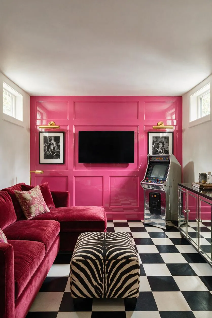 A dramatic game room features a glossy hot pink paneled accent wall with a wall-mounted TV, black-and-white checkered flooring, and mirrored cabinetry. A deep burgundy velvet sectional and zebra-print ottoman add bold texture, while small framed black-and-white portraits and a vintage arcade cabinet reinforce the glamorous, playful Hollywood Regency style.