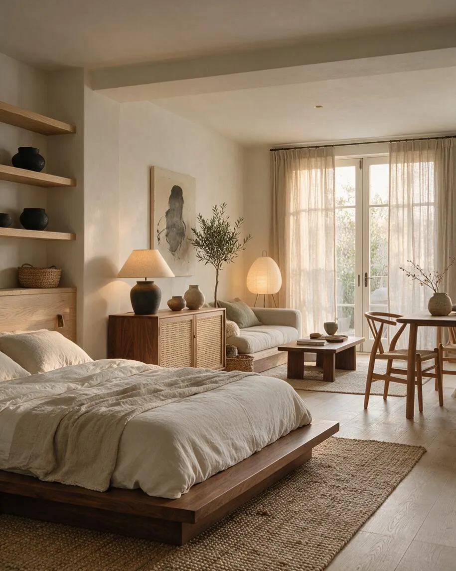 A serene studio apartment combines a low wooden platform bed with cream bedding, woven rugs, and a small sofa near sheer curtains. Natural wood furniture, cane cabinet doors, ceramic decor, and soft lamps create a calm Japandi-style space filled with warm daylight.