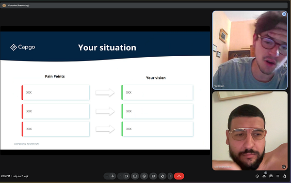 A virtual meeting focused on sales strategies, featuring a presentation slide and two participants discussing the content.