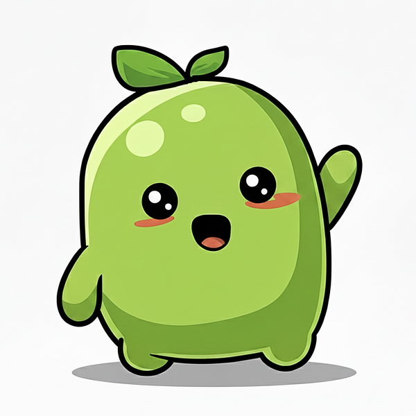 A cute, cartoonish green mascot with a cheerful expression and a leaf on its head.