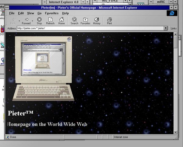 A retro computer screen displaying a webpage with a space-themed background.