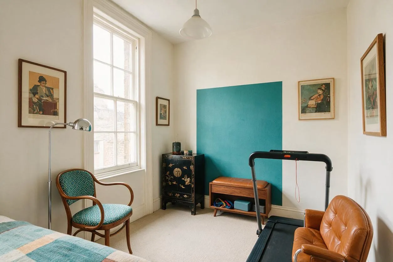 A bright home gym in a small room with white walls, a large window, and a treadmill centered near the back wall. Eclectic decor includes framed art, a teal painted panel, a black lacquer cabinet, a curved wood chair with patterned green upholstery, and a tan leather chair, creating a layered vintage-inspired look.