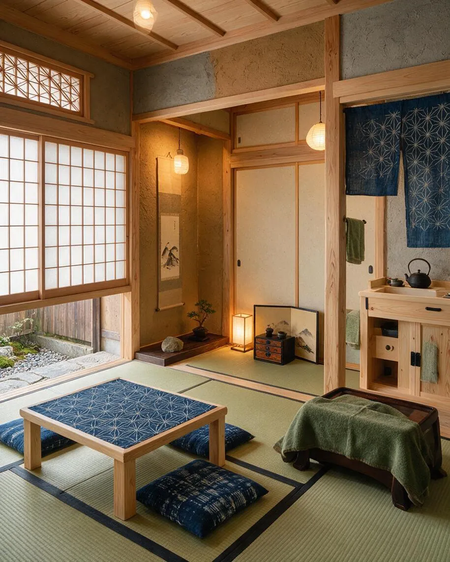 A tranquil Japanese Zen-style powder room with tatami mats, a low wooden table, blue patterned floor cushions, shoji screens, and warm paper lantern lighting. Natural wood framing, textured plaster walls, and a small wood vanity create a calm, traditional atmosphere with soft earth tones and indigo accents.