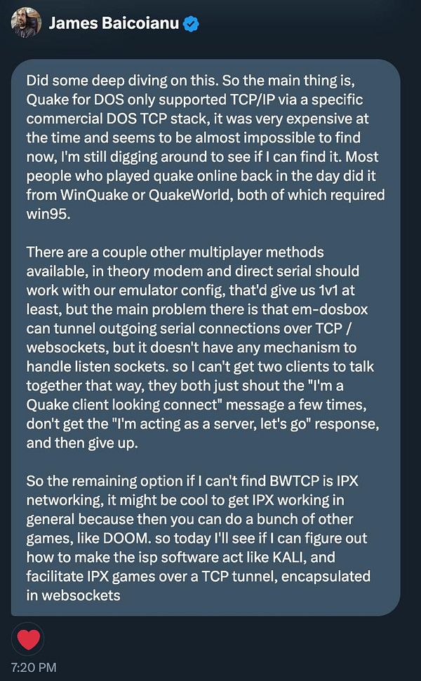 A detailed message discussing the challenges of setting up DOS networking for multiplayer Quake 1.