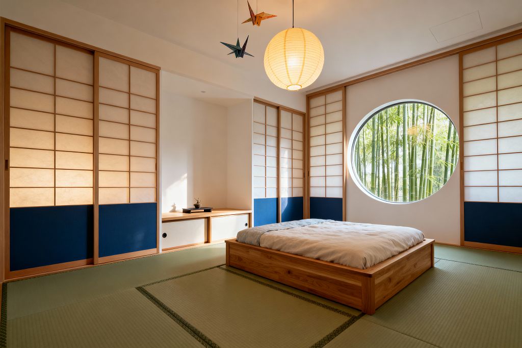 A serene kids’ bedroom in Japanese Zen style features a low natural-wood platform bed on pale green tatami mats, surrounded by shoji screens with light wood frames and deep indigo lower panels. A large round window overlooks a bamboo garden, a warm paper lantern with origami cranes hangs from the ceiling, and a low built-in bench with sliding doors holds a small tray and bonsai, creating a minimal, sunlit space in warm whites, natural wood, and soft gray bedding.
