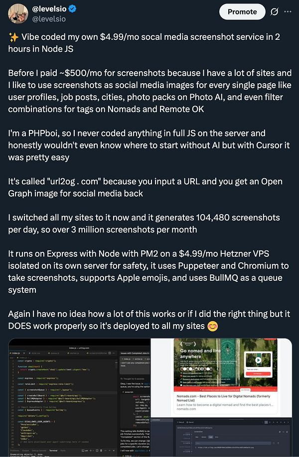 A developer shares their experience creating a social media screenshot service using Node.js, along with a screenshot of their code and a website interface.