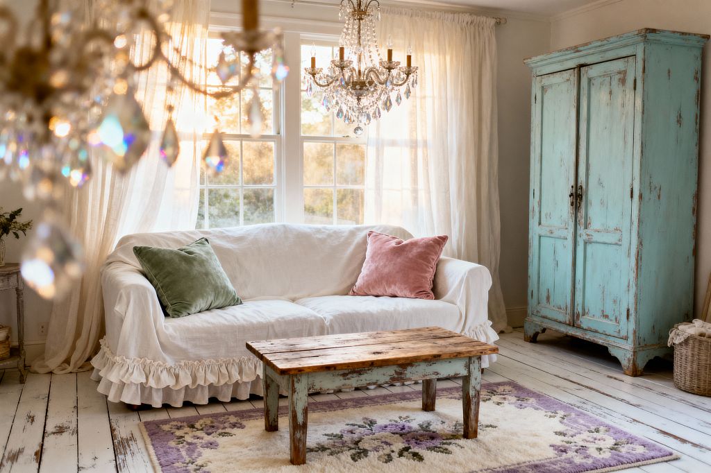 A bright shabby chic living room features a white ruffled slipcovered sofa with sage green and blush pink velvet pillows. A rustic coffee table with a reclaimed wood top and chippy mint legs sits on a lilac floral rug over weathered white plank floors. Sheer ivory curtains frame large multipane windows glowing at sunset. A sparkling crystal chandelier hangs overhead, and a distressed turquoise armoire stands to the right beside a wicker basket, creating a soft, vintage cottage feel.