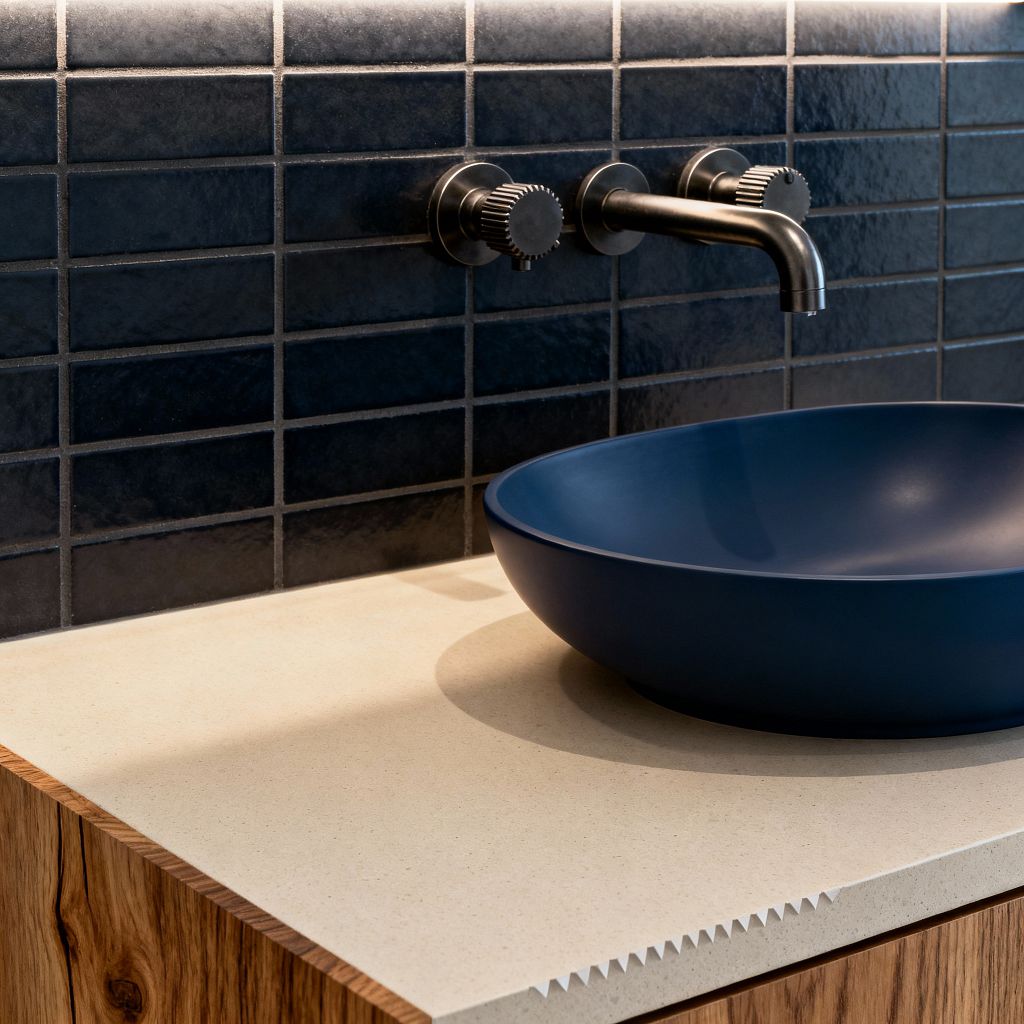 Close-up of a contemporary bathroom vanity with a matte navy vessel sink on a light beige quartz countertop above a natural oak cabinet. The backsplash is a grid of small, dark blue glazed tiles with gray grout, illuminated by a soft linear light. A wall-mounted brushed gunmetal faucet with knurled round handles projects over the bowl, emphasizing clean lines and modern details.