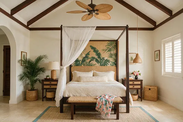 A tropical-style master bedroom with a dark wood four-poster canopy bed centered against a leafy mural headboard wall. The room features white bedding, a sheer drape, woven rattan lighting and furniture, potted palms, and light cream walls with exposed dark ceiling beams.