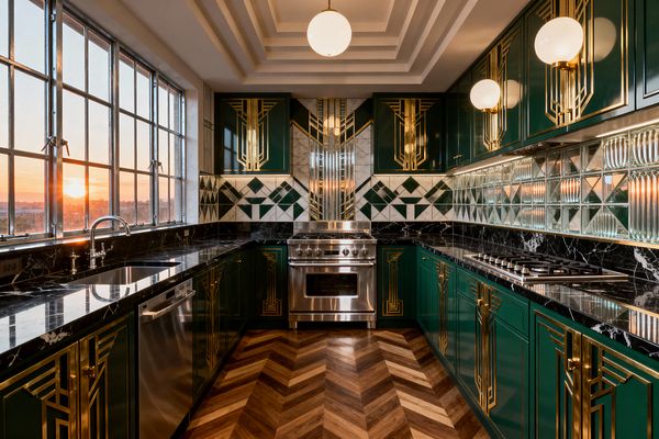 A U-shaped Art Deco kitchen features emerald-green cabinets with brass geometric inlays and black marble countertops, centered on a stainless-steel range. The backsplash combines white marble and dark-green diamond tiles with a fluted mirror centerpiece, while ribbed mirrored tiles run along the right wall. Chevron wood flooring, globe pendants on a stepped ceiling, and steel-framed windows washing the room with sunset light complete the glamorous scene.