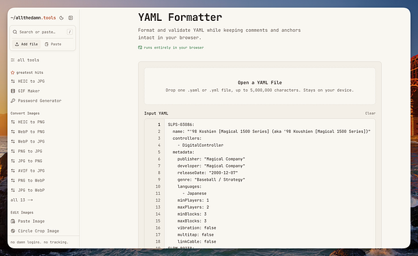 Screenshot of a YAML Formatter tool webpage with YAML input shown and a sidebar menu of various web tools.