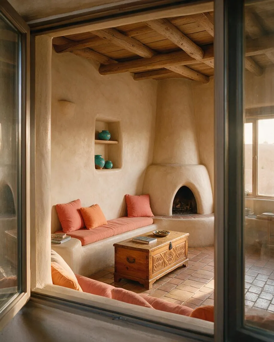 A Southwestern-style studio apartment with smooth adobe-like plaster walls, exposed wooden ceiling beams, and a rounded built-in fireplace. Coral and terracotta cushions line a built-in bench, while a carved wooden trunk serves as a coffee table on a warm brick floor.