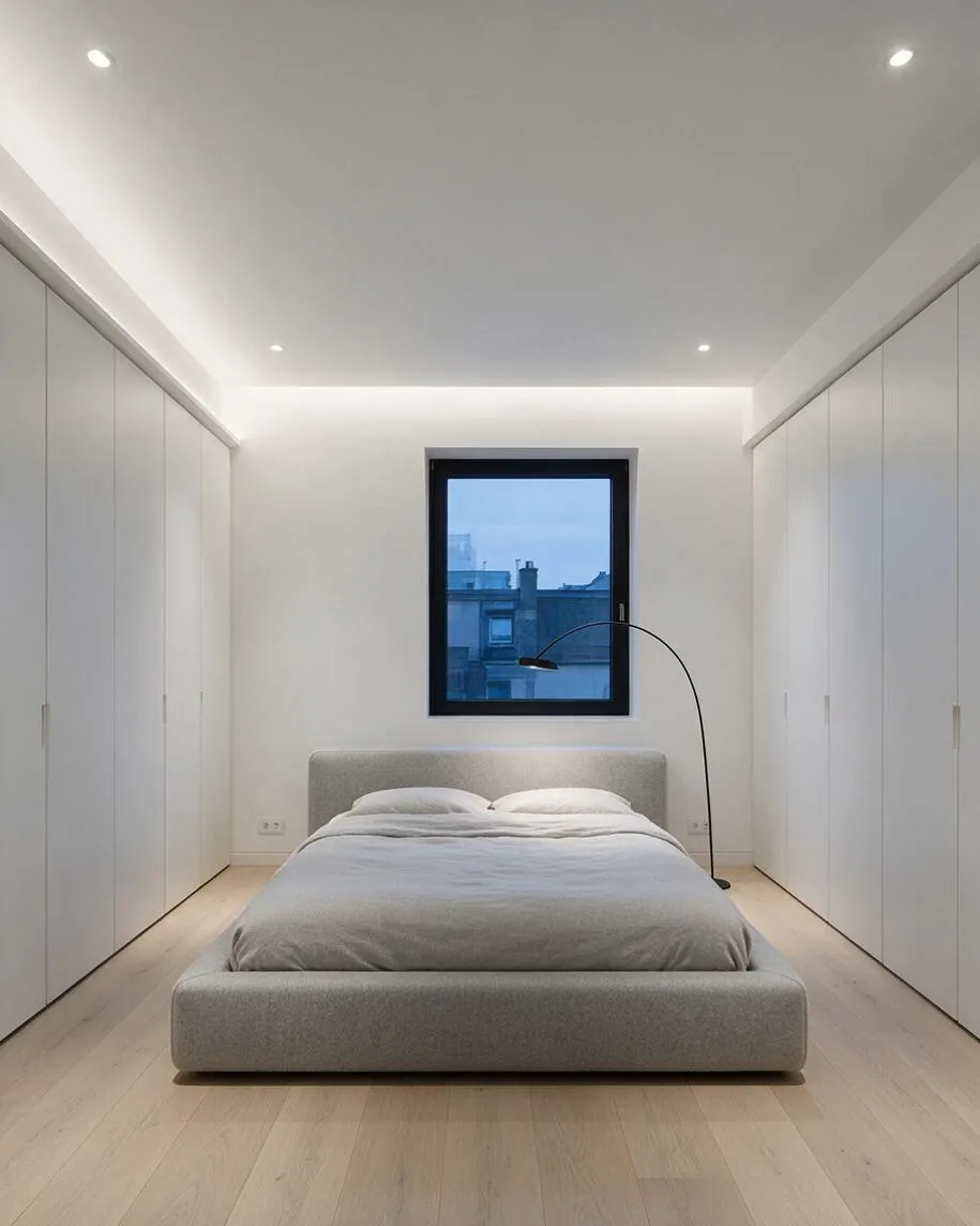 A serene minimalist master bedroom with a low upholstered platform bed centered under a black-framed window, flanked by full-height white built-in wardrobes on both sides. The room features light wood flooring, crisp white walls, recessed ceiling lights, and a slender arched floor lamp for a clean, modern look.