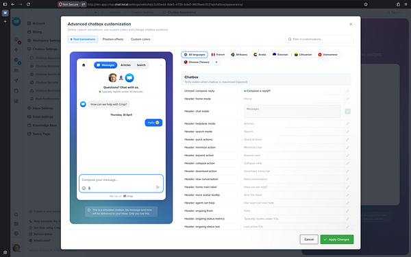 Screenshot of the Crisp V4 chatbox widget customization UI showing various options and code panel for deploying the widget.