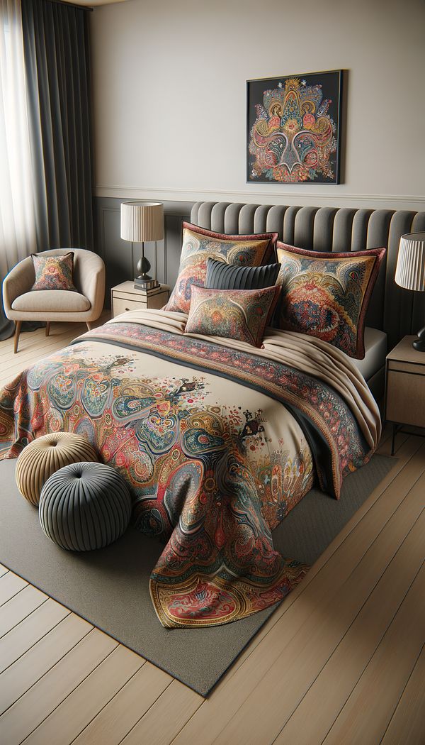 A neatly arranged bedroom with a stylish bedspread covering the entire bed, reaching down to the floor on three sides. The bedspread showcases a vibrant pattern and is complemented by matching throw pillows.