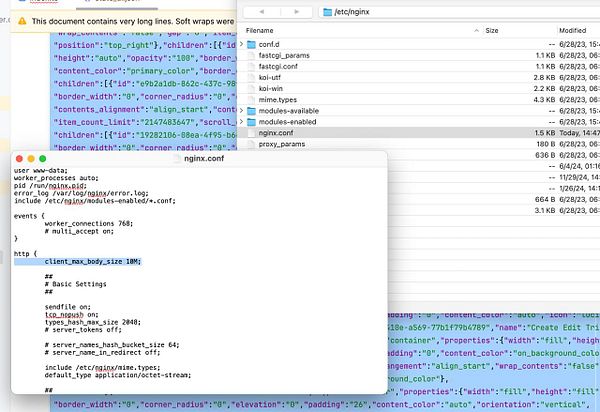 The image displays a terminal window showing the NGINX configuration file with a highlighted line to increase the file upload limit.
