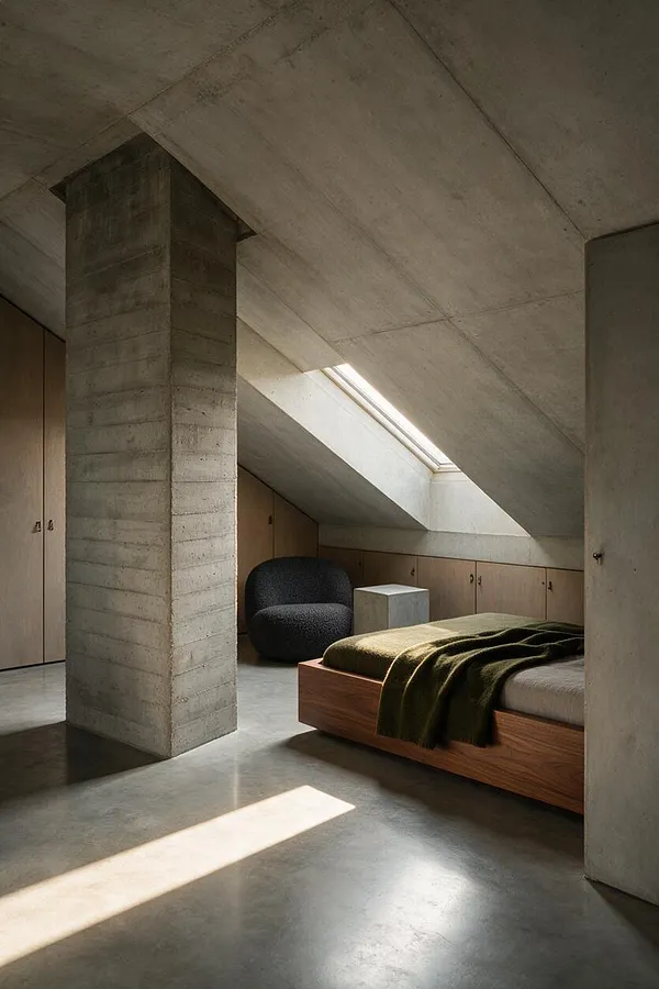 A minimalist kids' room beneath a sloped concrete ceiling, with a central raw concrete column, built-in wood storage along the walls, a low wooden bed with neutral bedding and an olive blanket, and a dark rounded lounge chair near a skylight. Sunlight enters through the roof window and casts bright bands across the polished floor.