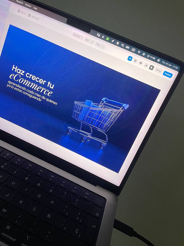 A website design interface showcasing an eCommerce theme with a shopping cart illustration.