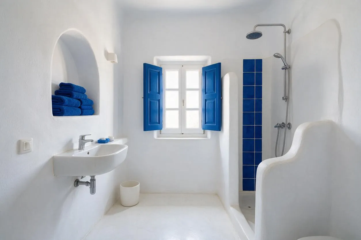 A bright Mediterranean-style bathroom with white stucco walls, a small wall-mounted sink, and a shower alcove framed by vivid blue tile. A window with matching blue shutters sits at the center, and built-in niche shelving holds folded blue towels.