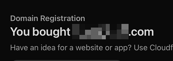 A confirmation message indicating the purchase of a .com domain.