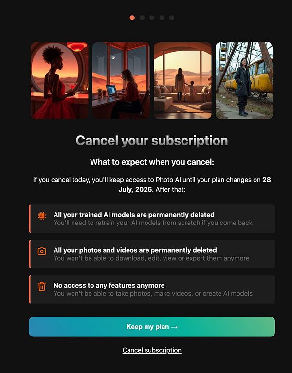 The image displays a subscription cancellation interface for a Photo AI service, detailing the consequences of cancellation.
