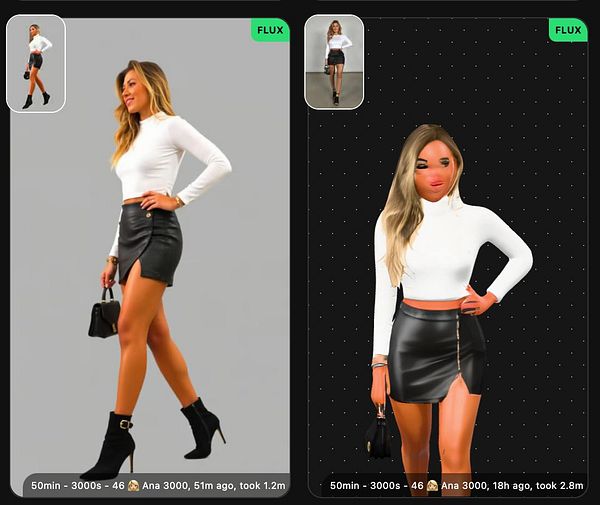The image features a side-by-side comparison of a woman in a stylish outfit, showcasing a realistic photo on the left and a stylized 3D model on the right.