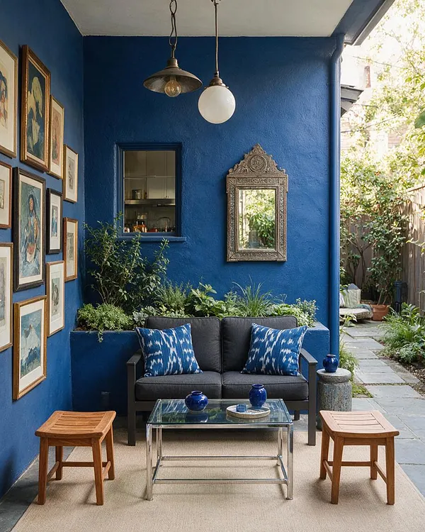 A small eclectic backyard courtyard with vivid cobalt-blue walls, a dark cushioned loveseat, and framed art arranged gallery-style on one wall. A glass coffee table, wooden stools, hanging pendant lights, an ornate mirror, and lush potted greenery create a layered, collected look.