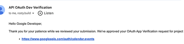 The image displays an email notification confirming the approval of an OAuth app verification for the CalendarFlow application.