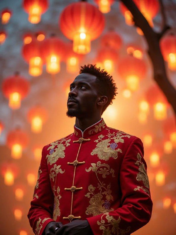 A man in a traditional red Chinese outfit stands amidst glowing lanterns.