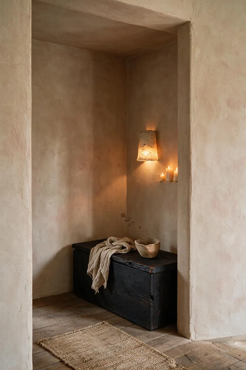 A narrow Wabi-Sabi entryway with plaster walls, a rustic black wooden bench, and a warm wall sconce beside a small cluster of candles. A woven textile, a stone bowl, and a jute rug add soft, natural textures to the quiet nook.