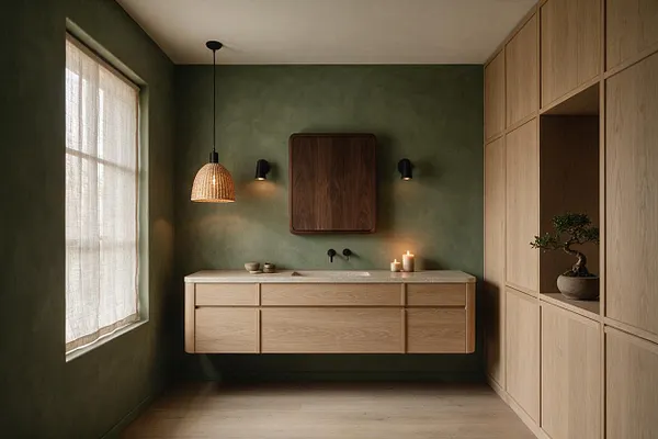 A Japandi-style powder room with olive green textured walls, light oak floating cabinetry, and a dark wood mirrored cabinet centered above the vanity. A woven pendant hangs over the sink, with small wall sconces, candles, and a linen-curtained window adding soft natural light. Built-in oak storage with a bonsai display lines the right wall.